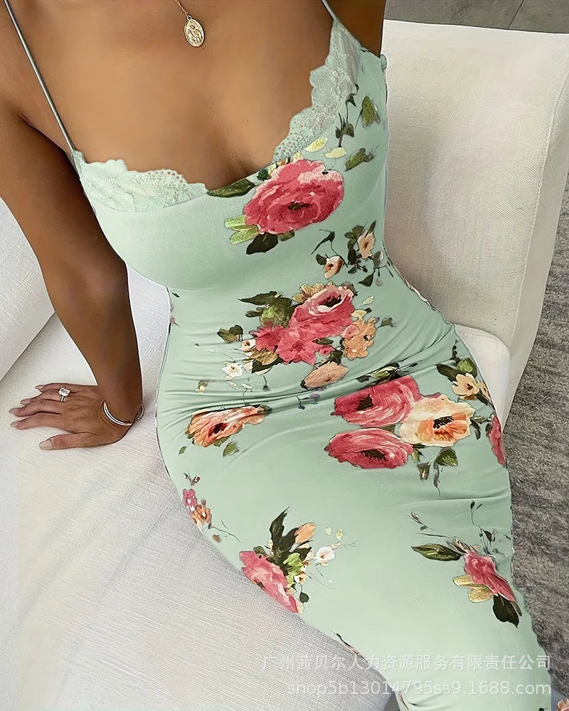 Print Sleeveless Sling Dress Women Party Night Prom Long Dresses Slim Fit Lace Spliced Streetwear Elegant Sexy Vestidos