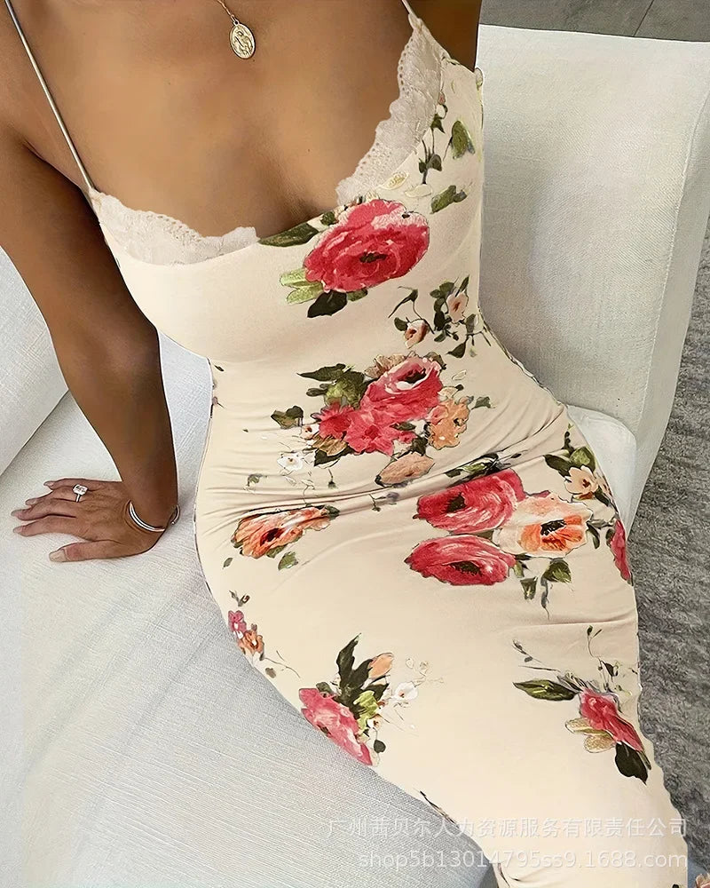 Print Sleeveless Sling Dress Women Party Night Prom Long Dresses Slim Fit Lace Spliced Streetwear Elegant Sexy Vestidos