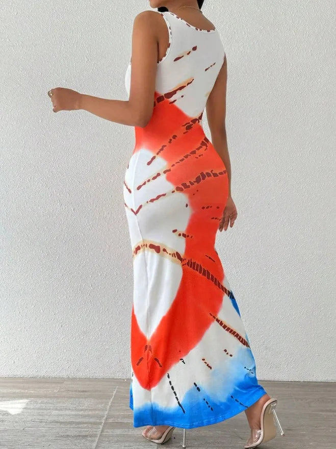 Chic plus-size tie-dye print dress for women
