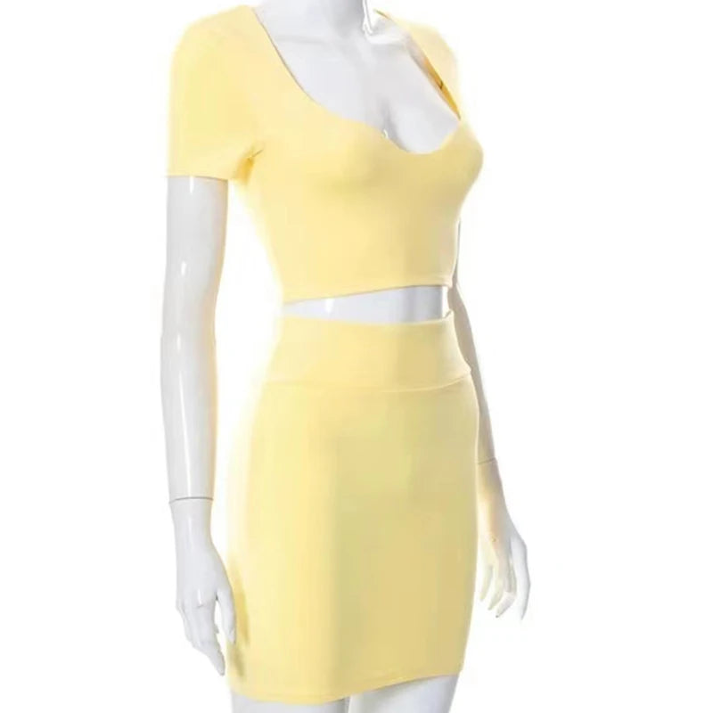Neck Slim Fit Crop Top Short Skirt Running Yoga Sportswear