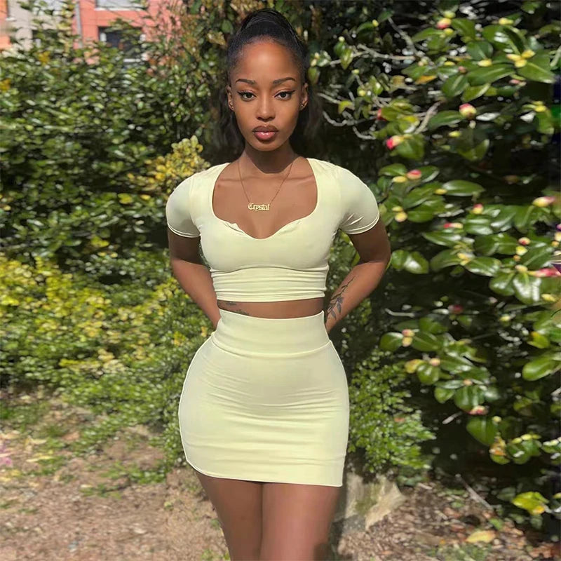 Neck Slim Fit Crop Top Short Skirt Running Yoga Sportswear