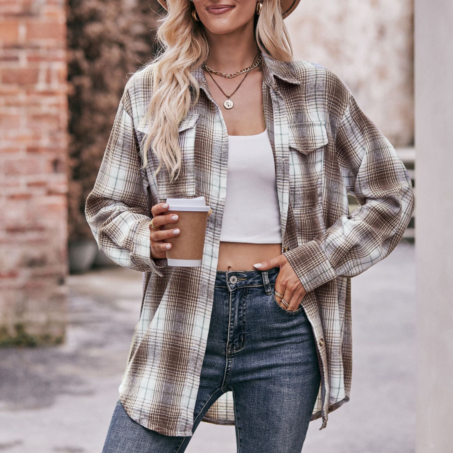 Women's Autumn Winter Coat Casual Fashion Loose Plaid Shirt